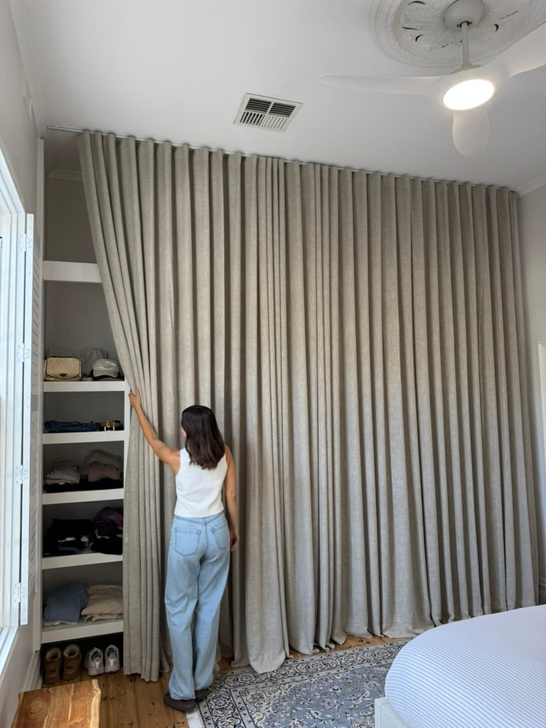 Luxe linen blend fabric sample in a soft natural tone